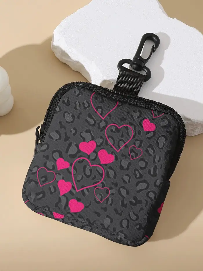 1 pièce, porte-monnaie portable avec imprimé léopard gris et motifs de cœurs roses
