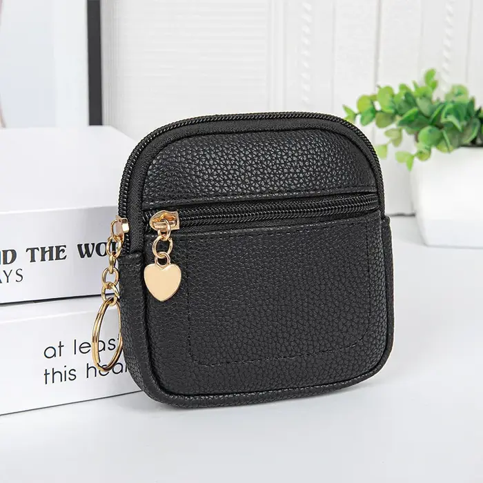 Nouvelle Pochette à Monnaie Portable en Cuir PU avec Anneau Porte-clés