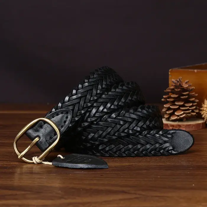 Ceinture en cuir artisanale avec boucle en cuivre, ceinture tressée vintage pour femme, cuir de vach