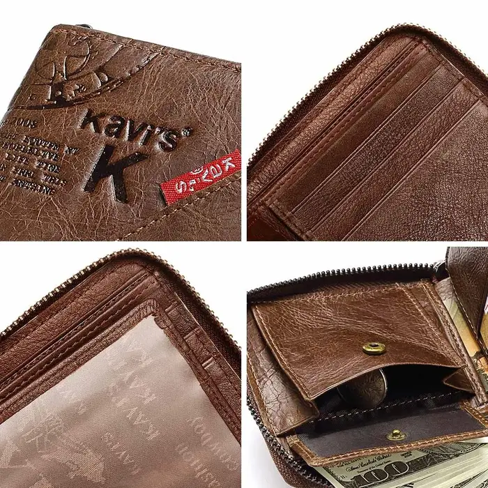 KAVIS portefeuille décontracté RFID bloquant mince porte-carte pour hommes en cuir véritable étui pour carte bancaire de crédit court mâle fermeture éclair autour du sac d'argent