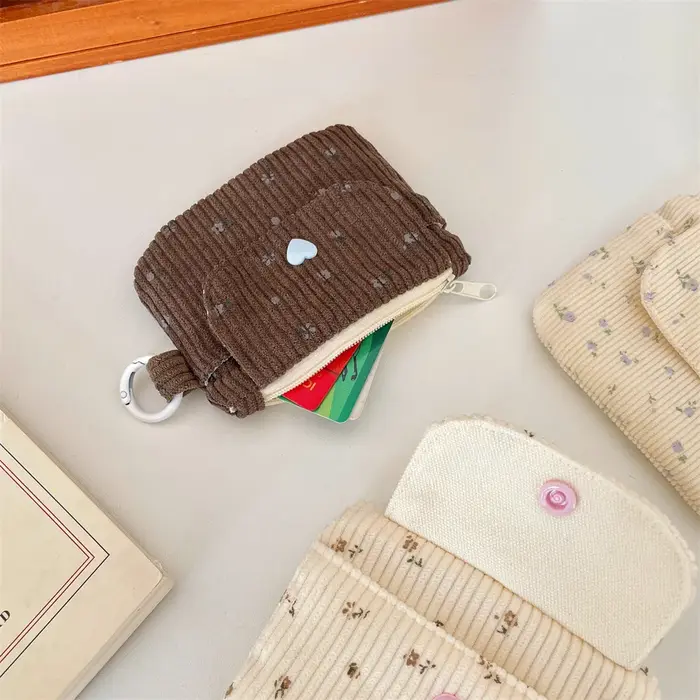 Porte-monnaie en velours côtelé imprimé avec fermeture éclair et porte-clés, petit portefeuille mignon pour enfants, porte-cartes de crédit avec fermeture éclair, porte-carte d'identité, sac à cartes