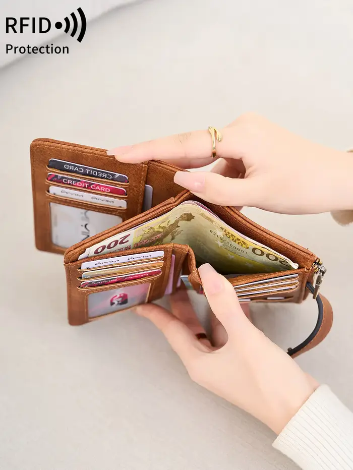 Portefeuille antivol RFID pour femme – Porte-monnaie rétro à trois volets avec fermeture à glissière, portefeuille court compact pour cartes de crédit, espèces et identifications
