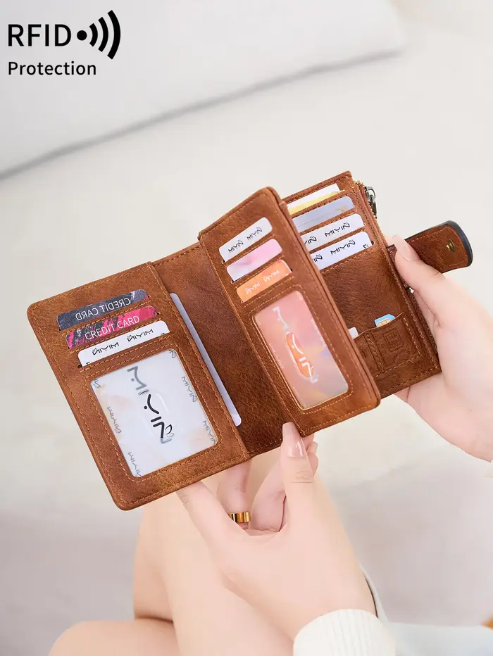 Portefeuille antivol RFID pour femme – Porte-monnaie rétro à trois volets avec fermeture à glissière, portefeuille court compact pour cartes de crédit, espèces et identifications