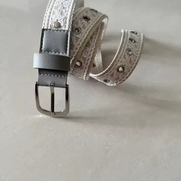 Ceinture en toile vintage avec dentelle pour femme, boucle métallique tendance, ceinture décorative,