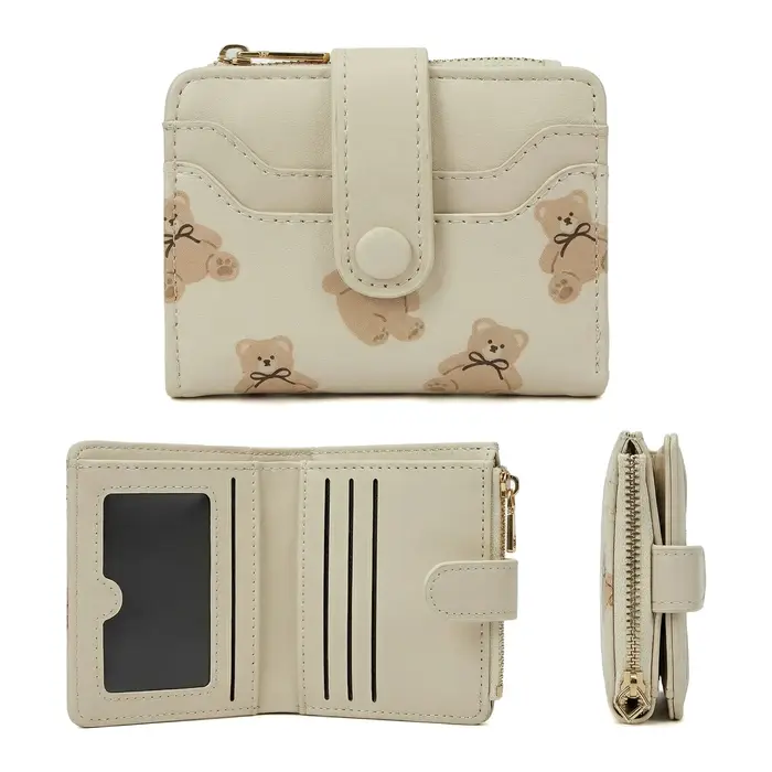 Portefeuille bifold pour femme en cuir PU avec motif d'ours mignon
