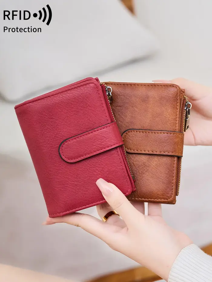 Portefeuille antivol RFID pour femme – Porte-monnaie rétro à trois volets avec fermeture à glissière, portefeuille court compact pour cartes de crédit, espèces et identifications