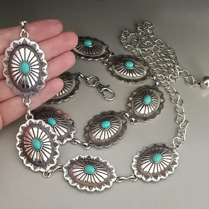 Ceinture occidentale pour femme – Ceinture de cow-girl concho en métal avec chaîne turquoise pour te