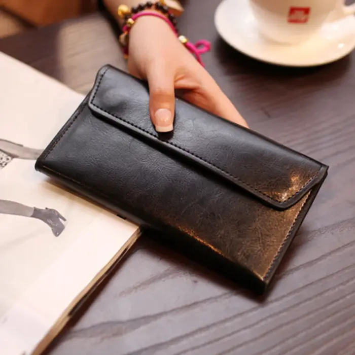 Portefeuille long ultra-fin en cuir de grande capacité