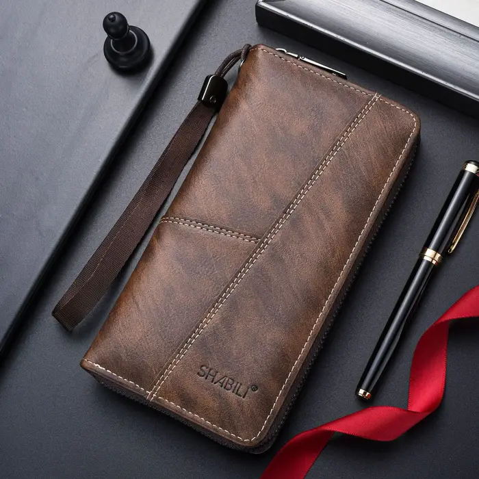 Portefeuille long en cuir pour hommes – Conception à fermeture éclair fine avec une capacité élevée