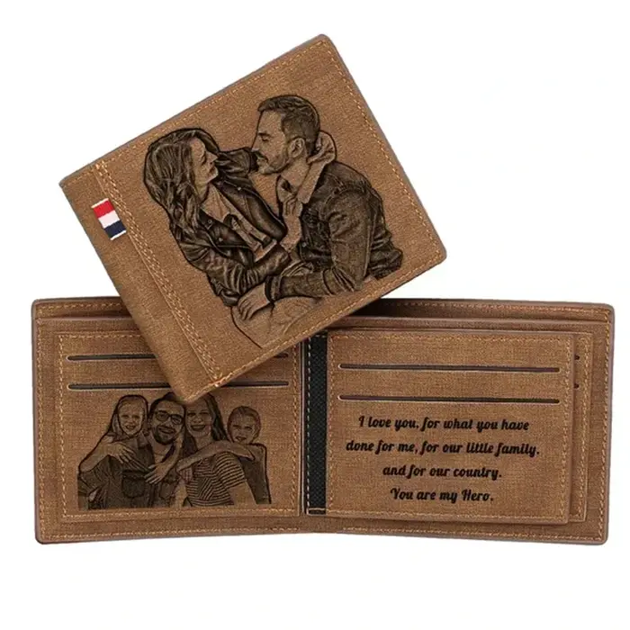 Portefeuille court personnalisé pour hommes – 2 images et texte gravés à l'intérieur – Cadeau pour lui