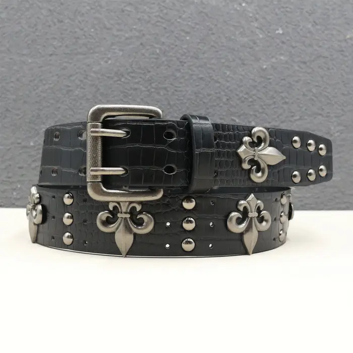 Ceinture à boucle double aiguille avec motif crocodile noir épais