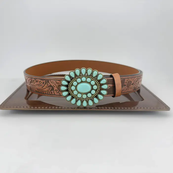 Ceinture de mode de haute qualité turquoise incrustée de style bohème occidental, ceinture décontractée en cuir PU avec boucle en alliage de zinc pour hommes et femmes