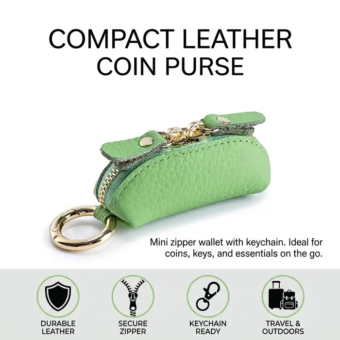 Porte-monnaie compact en cuir avec fermeture éclair sécurisée et porte-clés