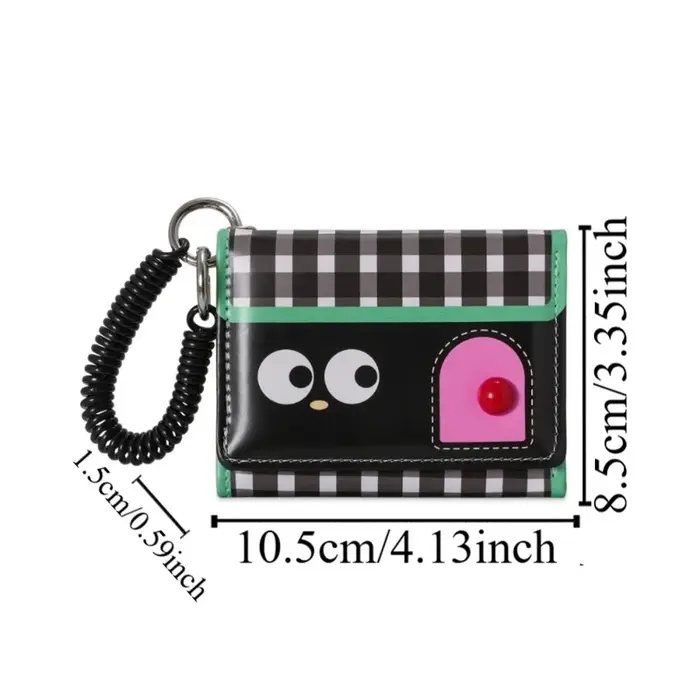 Portefeuille court multifonctionnel couleur Dopamine, porte-cartes en cuir ultra-fin à trois volets, porte-monnaie compact à cordon à ressort, motif dessin animé