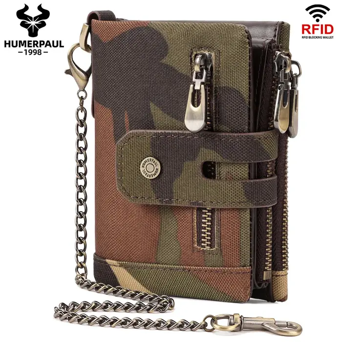 Oxford portefeuille pour hommes RFID bloquant porte-cartes de crédit sac à main avec fermeture éclair porte-monnaie classique motard chaîne courte Portomonee