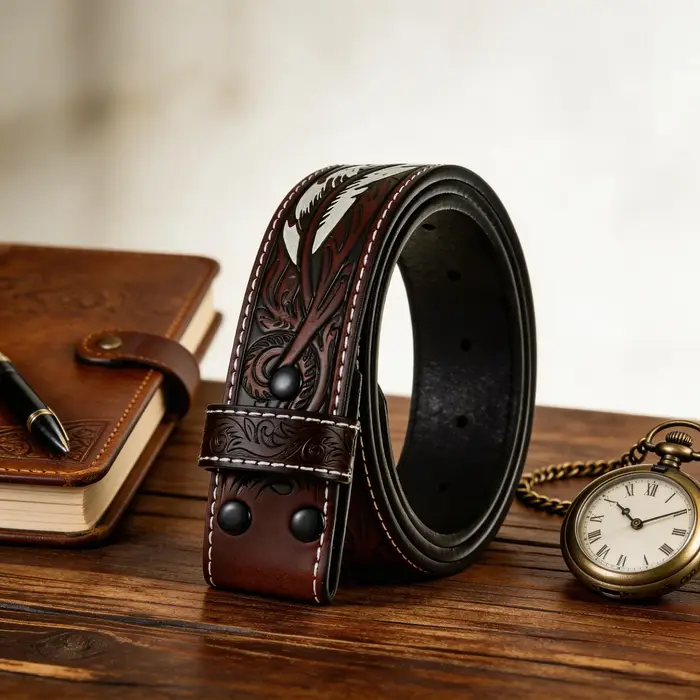 Ceinture en cuir faite à la main - Design rétro à motif de plumes en relief