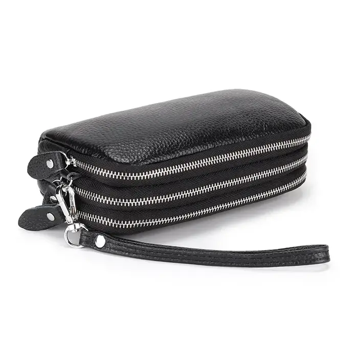 Femmes Long portefeuille en cuir véritable 3 couches fermeture éclair sac à main grande capacité bracelet pochette