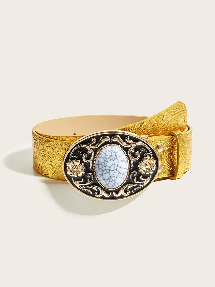 Ceinture western dorée pour femme avec boucle ovale en pierre sculptée. Style cowgirl Y2K tendance p