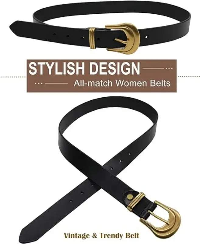 Nouvelle ceinture en cuir véritable pour femmes, ceinture noire occidentale, boucle dorée pour jeans, hommes et femmes