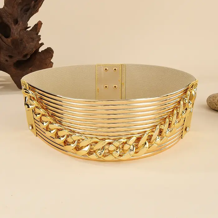 Nouvelle ceinture de taille tendance en cuir PU rétro avec chaîne élastique pour femme, accessoires de jupe