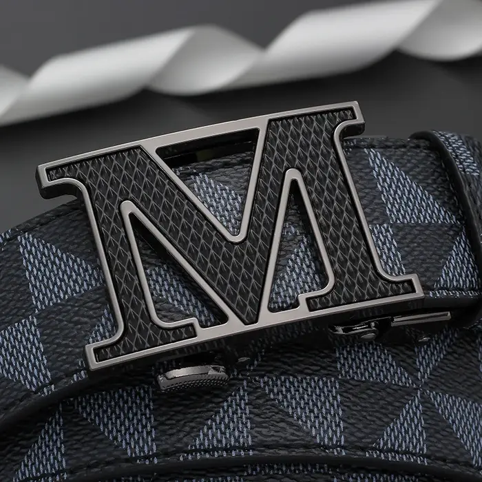Ceinture de luxe pour homme avec boucle automatique lettre M, motif géométrique à carreaux, en cuir, pour affaires et décontracté