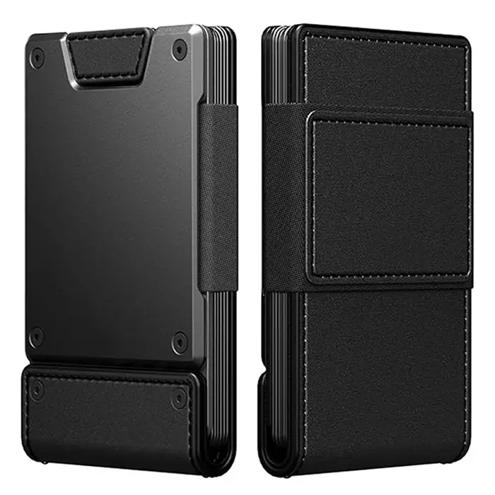 Portefeuille fin et minimaliste pour homme, blocage RFID, cuir et métal, poche avant et arrière, por