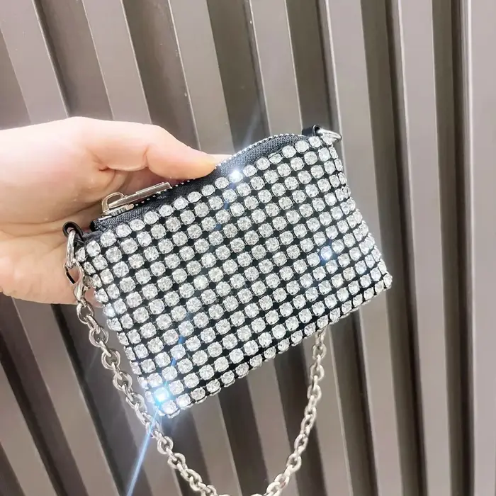 Mini petit sac brillant strass porte-monnaie chaîne courte sac à monnaie fait à la main