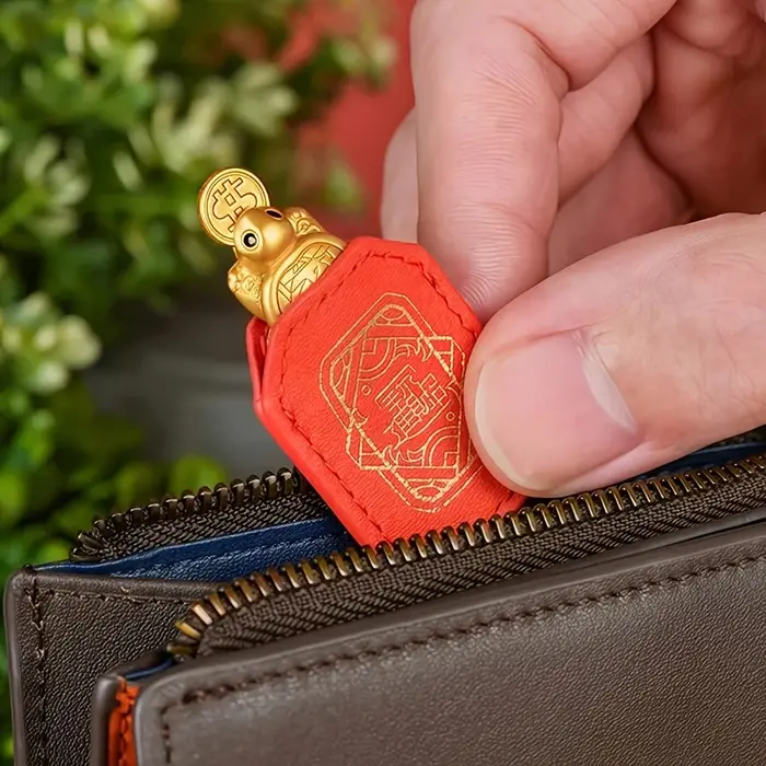 Porte-monnaie en forme de tortue dorée avec étui en cuir rouge - Attracteur de richesse Feng Shui