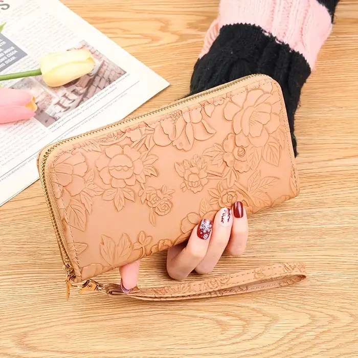 Portefeuille long en relief floral pour femme, porte-cartes de crédit en cuir PU, porte-monnaie simp
