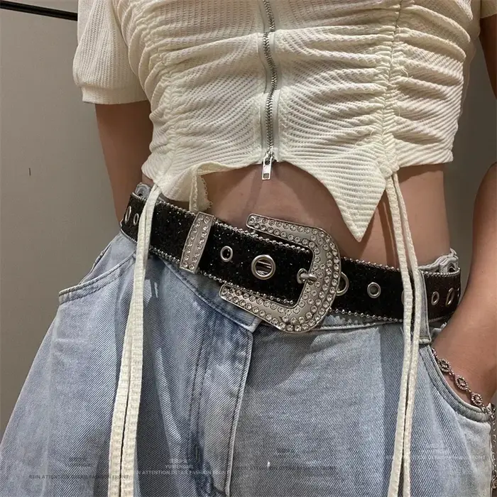 Y2K – ceinture en cuir PU pour femmes, imprimé solide, clouté, strass complets, cristal scintillant,