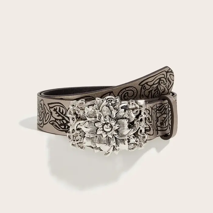Ceinture vintage en argent avec boucle gravée florale 3D, ceinture décorative de style court en cuir noir gaufré