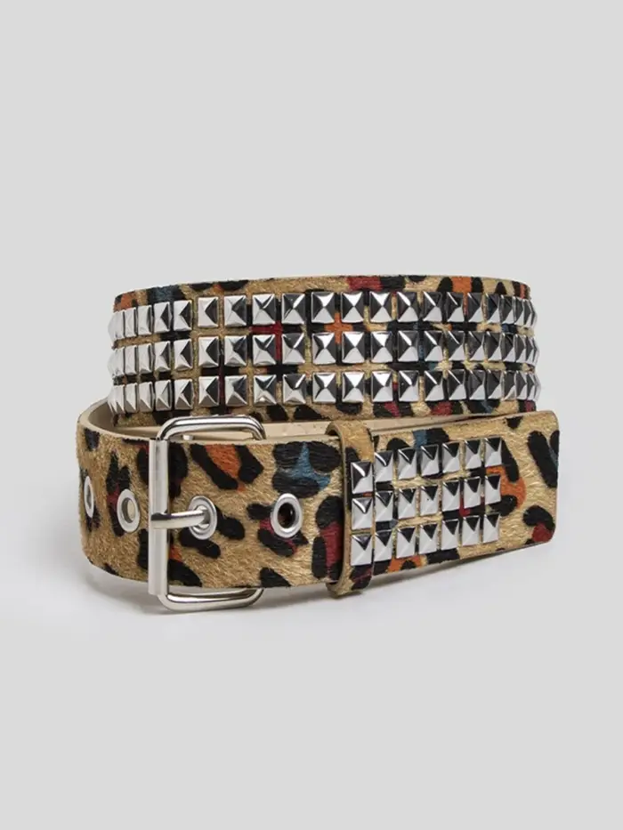 Ceinture unisexe Y2K à imprimé léopard, cloutée, style punk gothique, avec rivets pyramidaux et poin