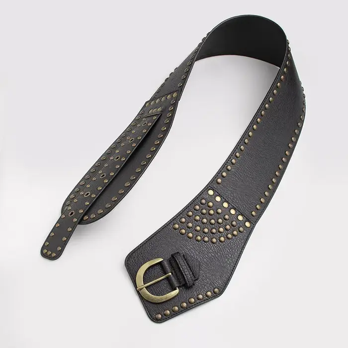 Ceinture large pour femme avec rivets rétro haut de gamme en bronze dans un style Wasteland