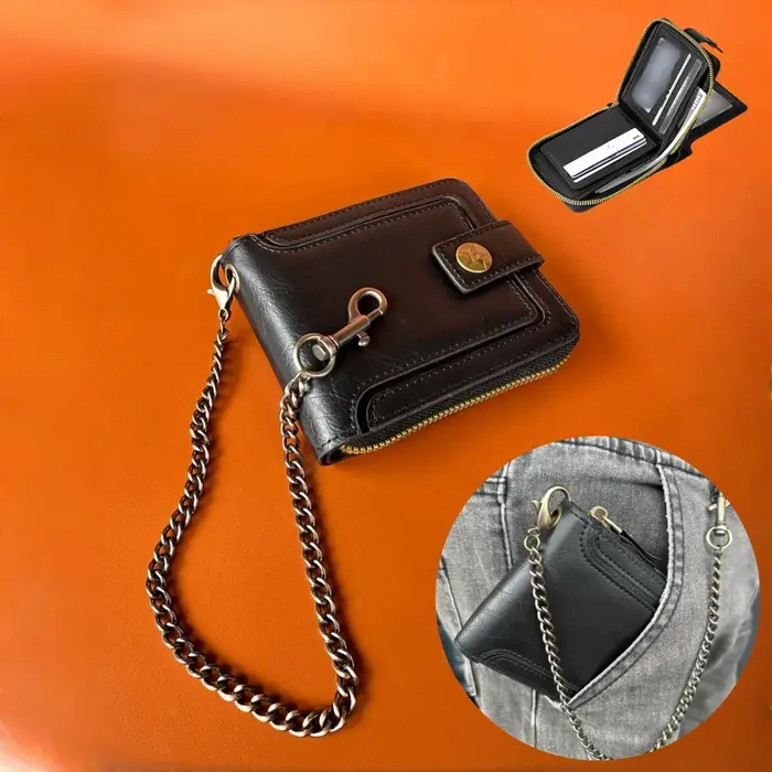 Portefeuille à deux volets en cuir PU pour homme avec chaîne