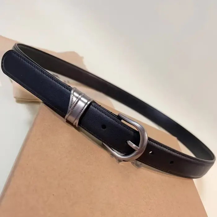 Ancient silver buckle calf leather belt, leather casual fine belt, women's deep brown texture plain