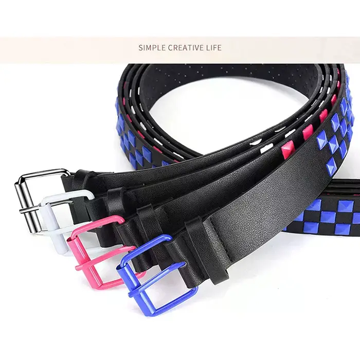 Nouvelle ceinture en cuir PU à rivets personnalisés, motif damier, 107 cm, unisexe, mode hip-hop punk, style Ins