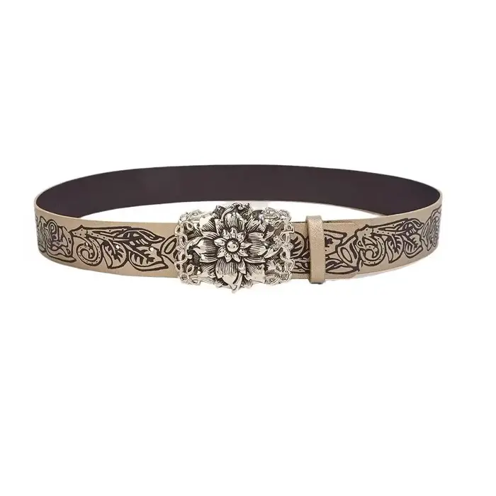 Ceinture vintage en argent avec boucle gravée florale 3D, ceinture décorative de style court en cuir noir gaufré