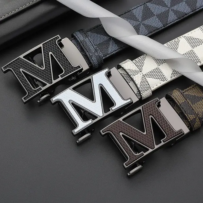 Ceinture de luxe pour homme avec boucle automatique lettre M, motif géométrique à carreaux, en cuir, pour affaires et décontracté