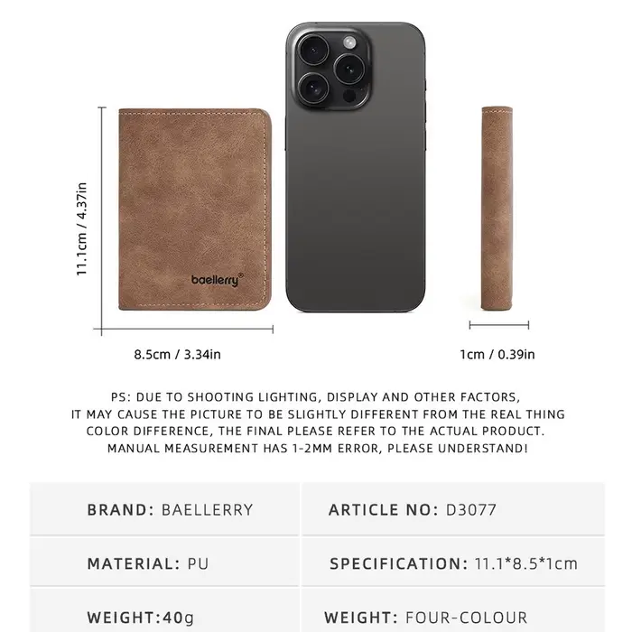 Baellerry portefeuille pour hommes en cuir PU poche avant minimaliste pince à billets essentiels de voyage