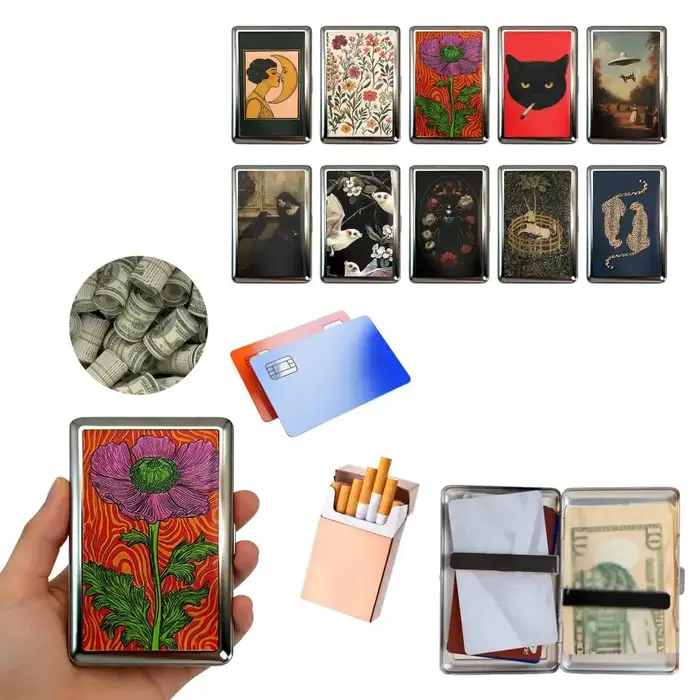Porte-cartes multifonctionnel avec illustration Art Déco à clipser facilement, étui à cigarettes en métal polyvalent, cadeau de style vintage pour lui et elle