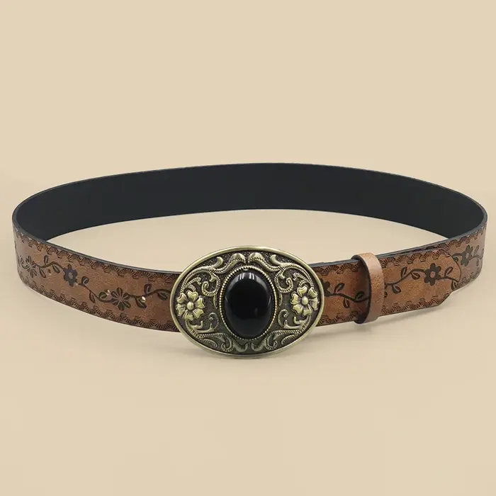 Ceinture pour femmes incrustée de Turquoise noir de Style Court rétro, Style Denim occidental, ceinture pour femmes de Niche, ceinture en pierres précieuses noires sculptées