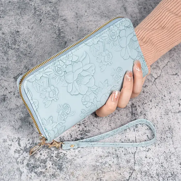 Portefeuille long pour femme en cuir gaufré floral - Porte-carte de crédit avec fente pour téléphone
