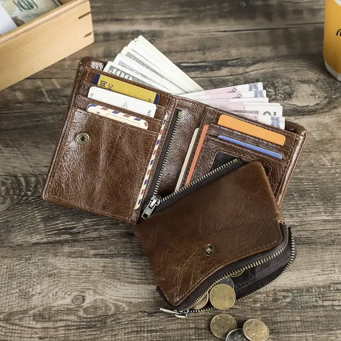 CONTATC'S-Portefeuille court en cuir véritable pour homme, portefeuille à deux volets RFID, porte-cartes de crédit, fermeture éclair de luxe, petit porte-monnaie masculin, nouveau
