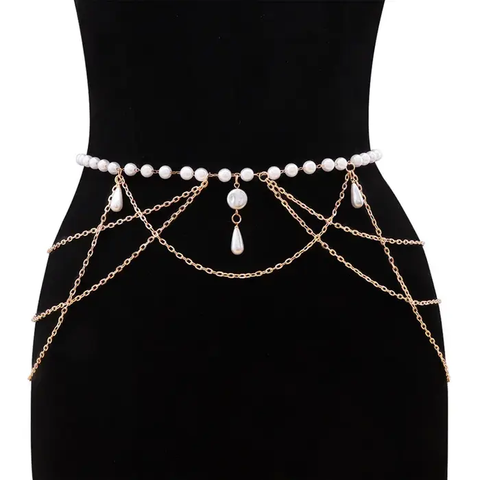 Elegant Pearl Women's Belt Simple Adjustable Metal Thin Chain Belt For Ladies Dress Skinny Waistband