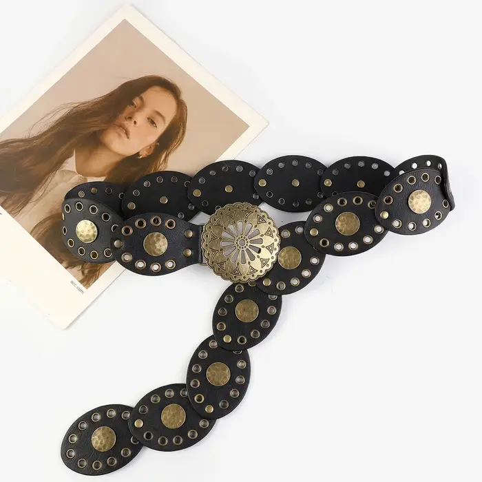 Ceinture de cowboy occidentale rétro, nouveau design, personnalité ronde creuse en métal large pour