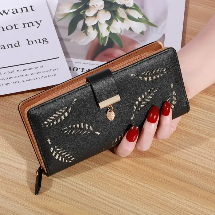 Portefeuille long en cuir PU pour femme, motif feuilles dorées ajourées, pochette, sac à main, porte-monnaie, porte-cartes, pochette de soirée