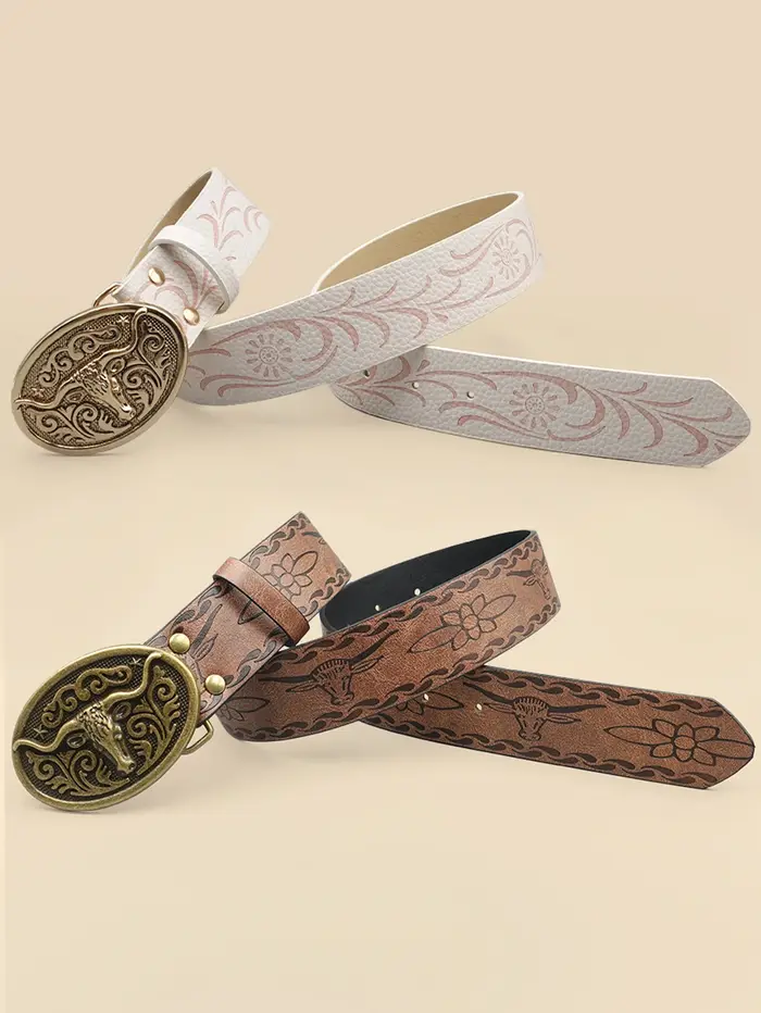Ceinture décontractée vintage de style cowboy occidental – Boucle sculptée en tête de bœuf et imprimé bohème
