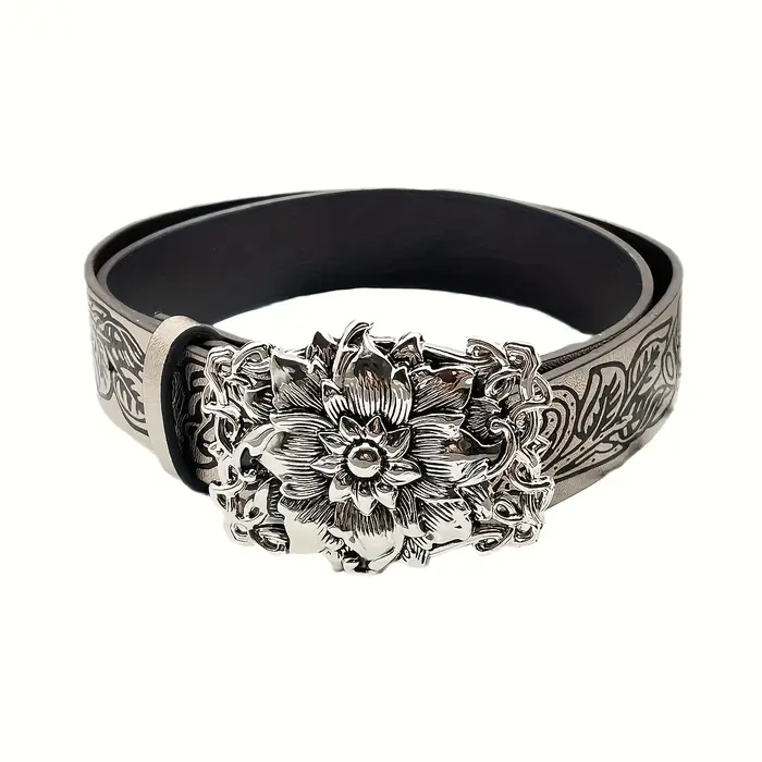 Ceinture vintage en argent avec boucle gravée florale 3D, ceinture décorative de style court en cuir