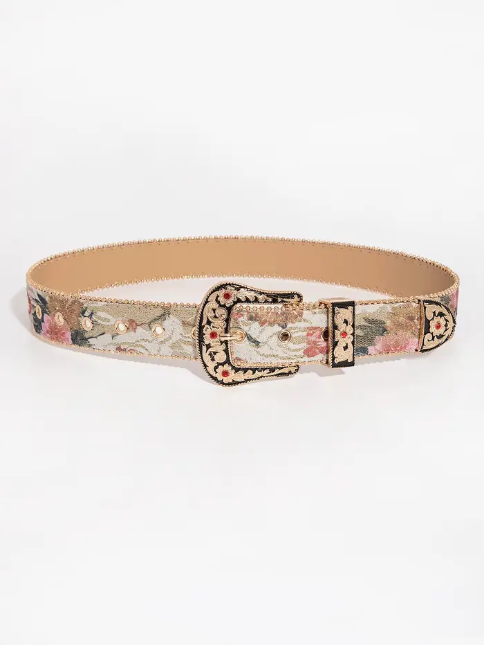 Ceinture en PU pour femmes, boucle gravée avec pierres précieuses, style palais multicolore, broderi