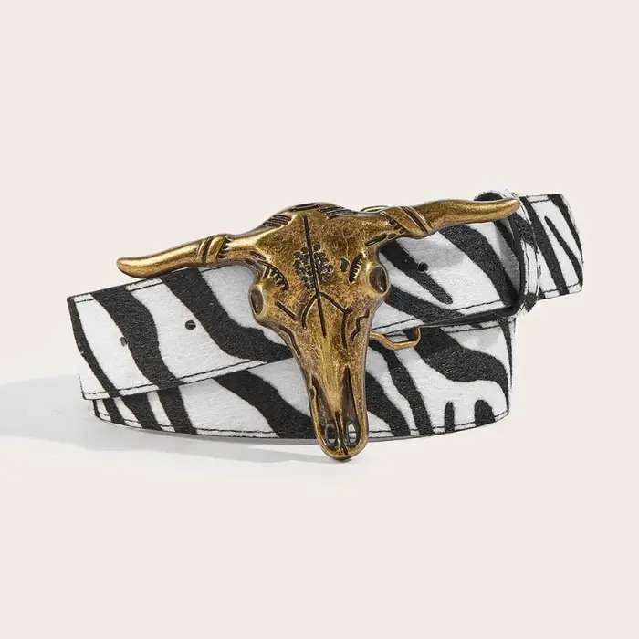 Ceinture en cuir avec boucle tête de taureau western, largeur 3,8 cm, imprimé zèbre, rivets et embos